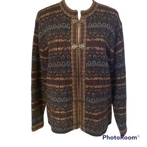 SQUAW VALLEY SWEATER CARDIGAN FAIR ISLE WOOL BLUE TAN GRAY BROWN SIZE M